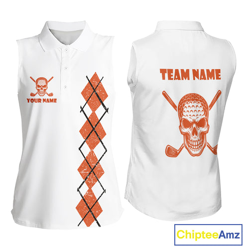 Orange argyle plaid pattern Skull White Sleeveless polo shirt custom Halloween ladies golf attire NQS10357
