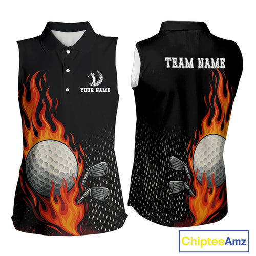 Flame Golf ball black Golf sleeveless polo shirt Custom ladies golf top, personalized golf gifts NQS10364