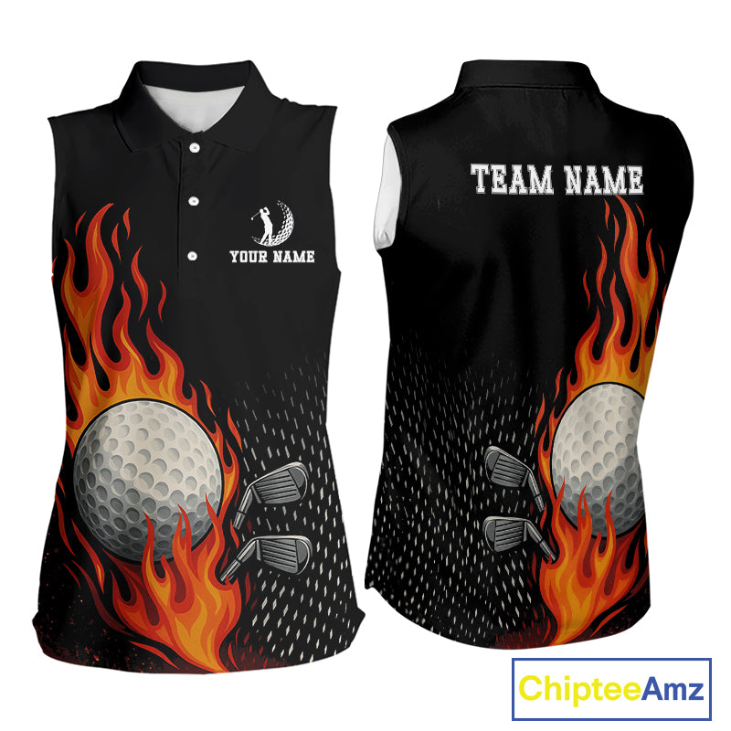 Flame Golf ball black Golf sleeveless polo shirt Custom ladies golf top, personalized golf gifts NQS10364