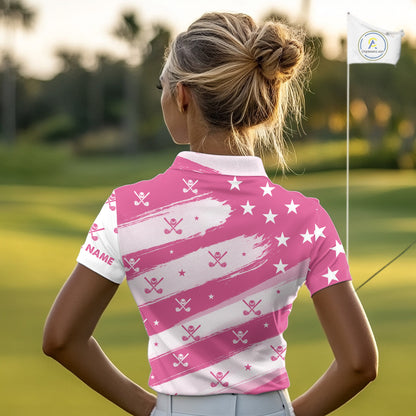 Pink American Flag Women golf polo shirt custom patriotic golf outfits ladies, cool golf gifts NQS10092