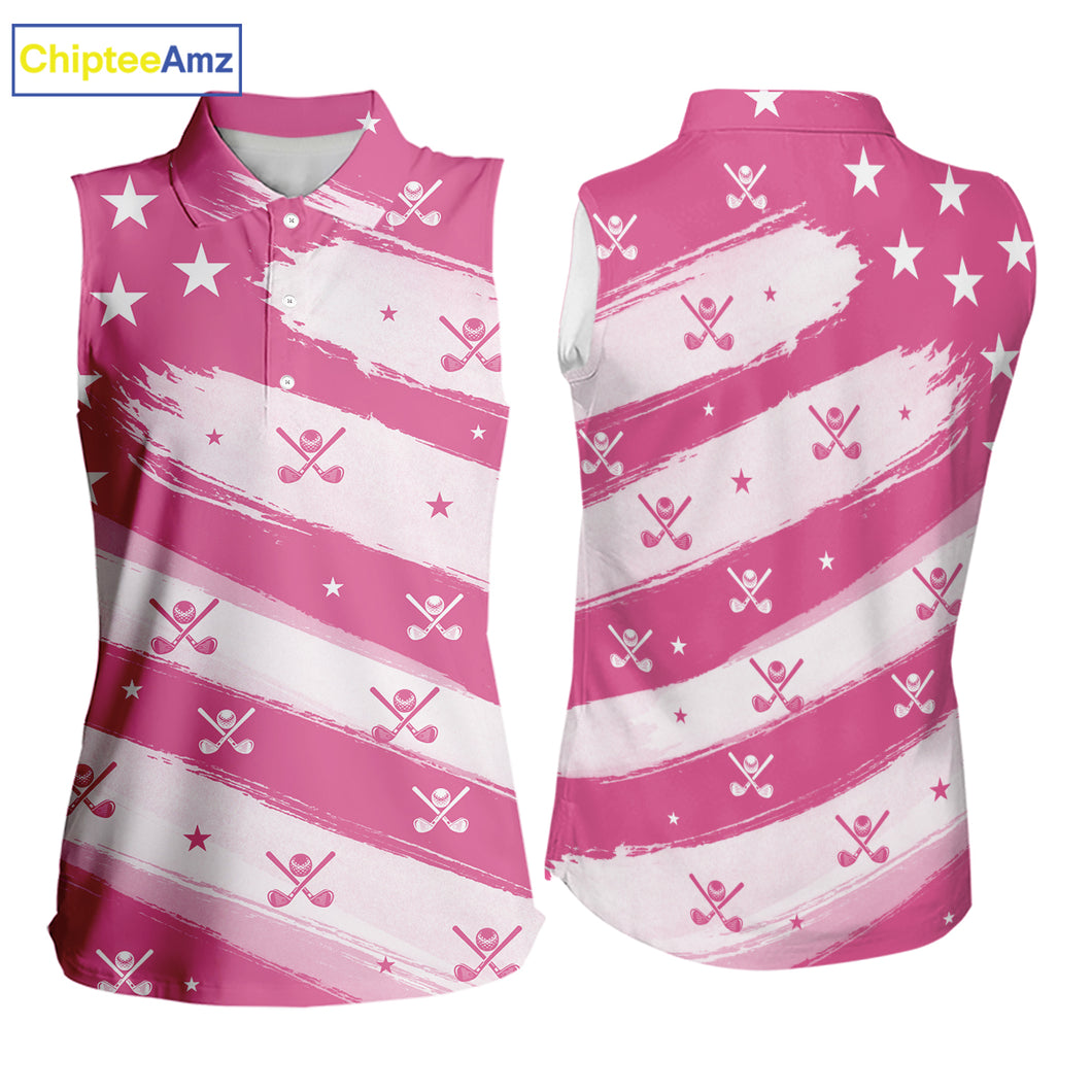 Pink American Flag Womens Sleeveless polo shirt, patriotic golf outfits ladies, cool golf gifts NQS10092