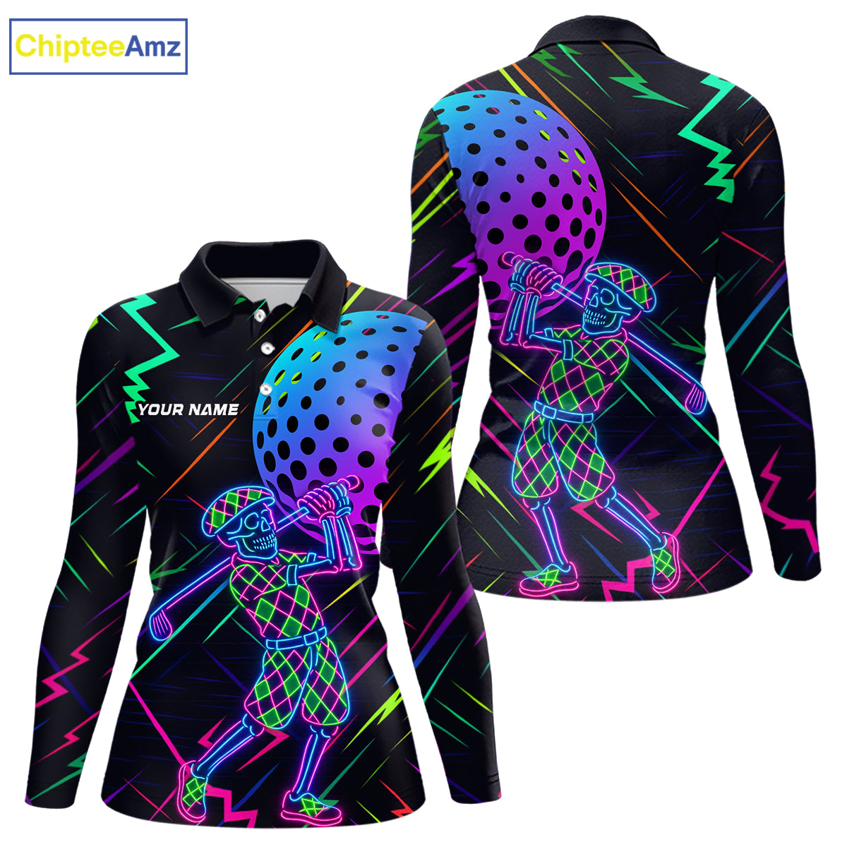 Colorful Neon skull golfer Women golf polo shirt custom golf attire for ladies, cool golf gifts NQS10098