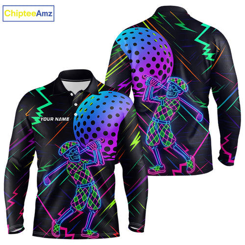 Colorful Neon skull golfer Men golf polo shirt custom golf attire for men, cool golf gifts NQS10098