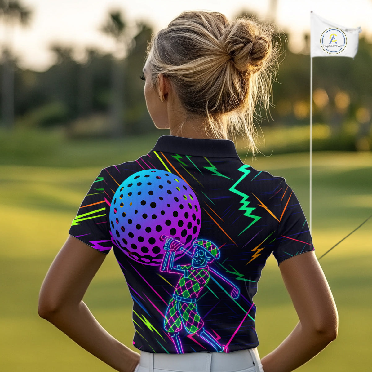 Colorful Neon skull golfer Women golf polo shirt custom golf attire for ladies, cool golf gifts NQS10098