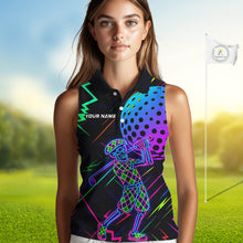 Load image into Gallery viewer, Colorful Neon skull golfer Women Sleeveless polo shirt custom golf attire for ladies, cool golf gifts NQS10098