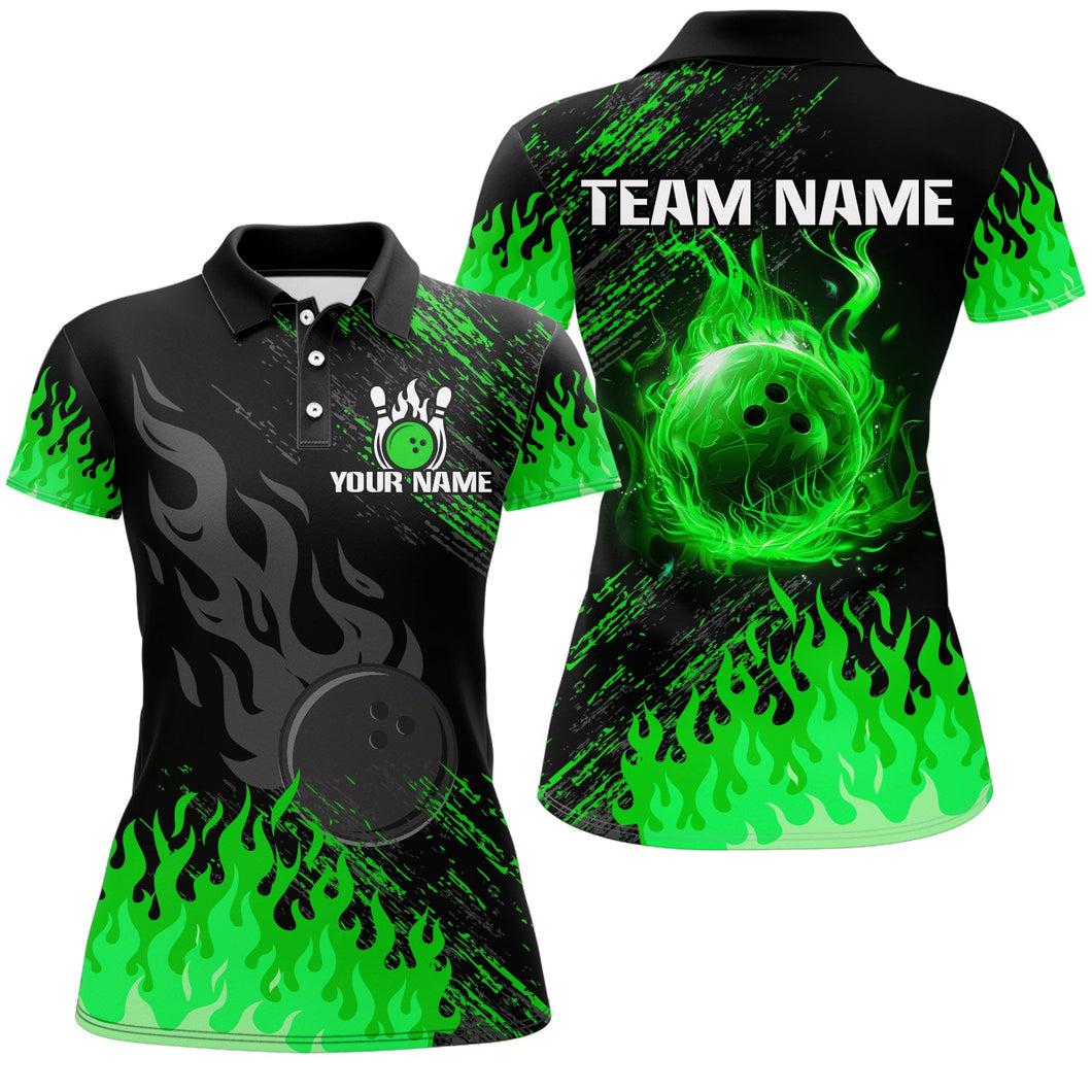 Personalized black and green Flame bowling Polo, Quarter Zip shirts for Women, custom bowling jerseys NQS8292