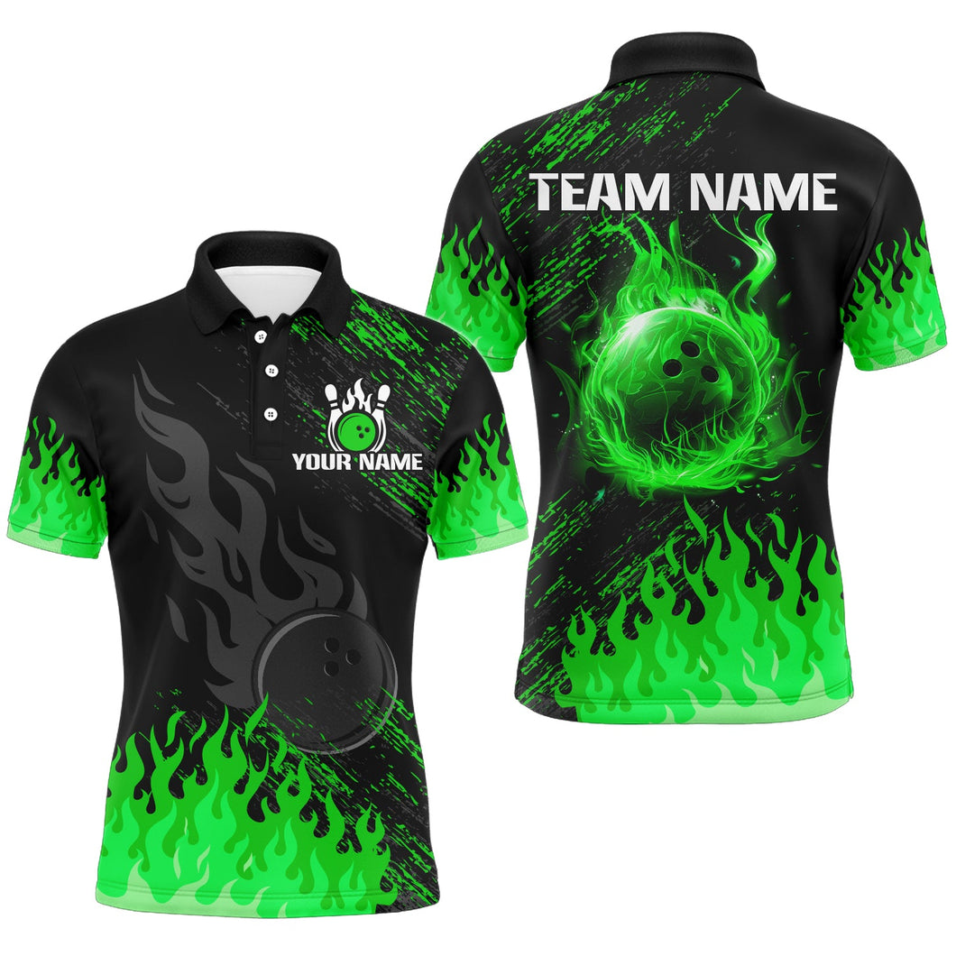 Personalized black and green Flame bowling Polo, Quarter Zip shirts for Men, custom bowling jerseys NQS8292