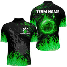 Load image into Gallery viewer, Personalized black and green Flame bowling Polo, Quarter Zip shirts for Men, custom bowling jerseys NQS8292