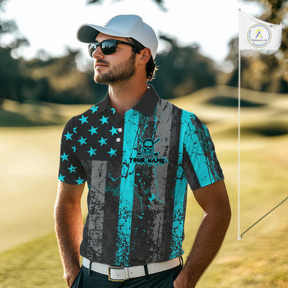 Custom Turquoise Grunge American Flag Patriotic Skull Golf Shirt For Men, Retro Mens Golf top NQS10481