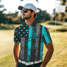 Load image into Gallery viewer, Custom Turquoise Grunge American Flag Patriotic Skull Golf Shirt For Men, Retro Mens Golf top NQS10481
