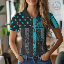 Load image into Gallery viewer, Custom Turquoise Grunge American Flag Patriotic Skull Golf Shirt For Women, Retro Ladies Golf top NQS10481