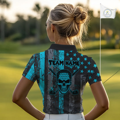 Custom Turquoise Grunge American Flag Patriotic Skull Golf Shirt For Women, Retro Ladies Golf top NQS10481