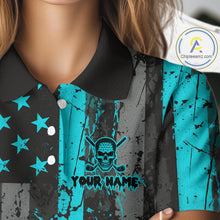 Load image into Gallery viewer, Custom Turquoise Grunge American Flag Patriotic Skull Golf Shirt For Women, Retro Ladies Golf top NQS10481