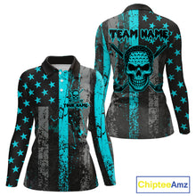 Load image into Gallery viewer, Custom Turquoise Grunge American Flag Patriotic Skull Golf Shirt For Women, Retro Ladies Golf top NQS10481