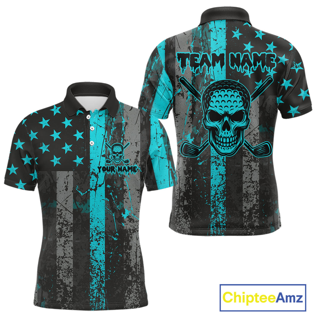 Custom Turquoise Grunge American Flag Patriotic Skull Golf Shirt For Men, Retro Mens Golf top NQS10481