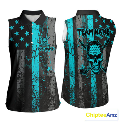 Custom Turquoise Grunge American Flag Patriotic Skull Sleeveless Golf Polo Shirt, Retro Golf top NQS10481