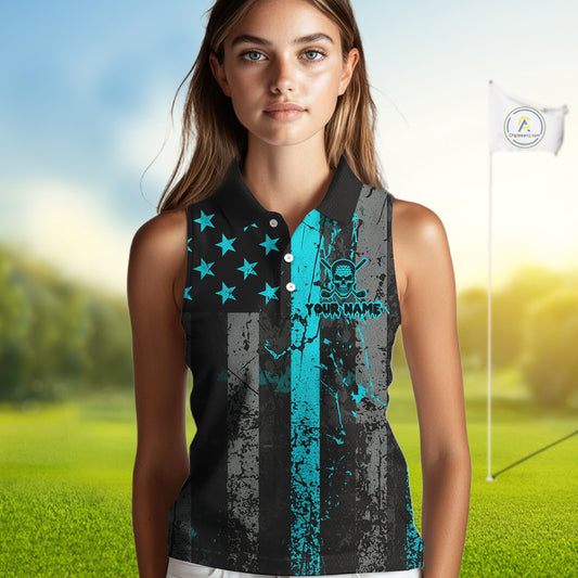 Custom Turquoise Grunge American Flag Patriotic Skull Sleeveless Golf Polo Shirt, Retro Golf top NQS10481