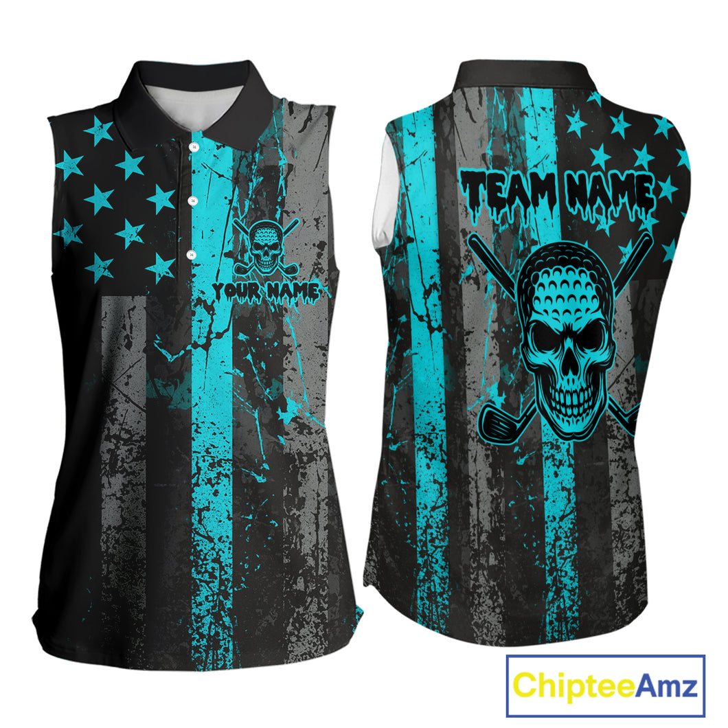 Custom Turquoise Grunge American Flag Patriotic Skull Sleeveless Golf Polo Shirt, Retro Golf top NQS10481
