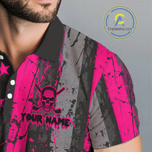 Load image into Gallery viewer, Custom Pink Grunge American Flag Patriotic Skull Golf Shirt For Men, Retro Mens Golf top NQS10482