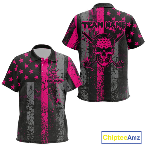 Custom Pink Grunge American Flag Patriotic Skull Golf Shirt For Kid, Retro Kid Golf top NQS10482