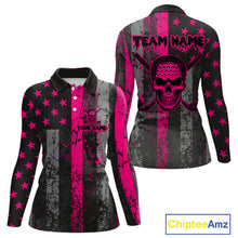 Load image into Gallery viewer, Custom Pink Grunge American Flag Patriotic Skull Golf Shirt For Women, Retro Ladies Golf top NQS10482