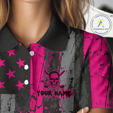 Load image into Gallery viewer, Custom Pink Grunge American Flag Patriotic Skull Golf Shirt For Women, Retro Ladies Golf top NQS10482