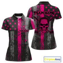 Load image into Gallery viewer, Custom Pink Grunge American Flag Patriotic Skull Golf Shirt For Women, Retro Ladies Golf top NQS10482