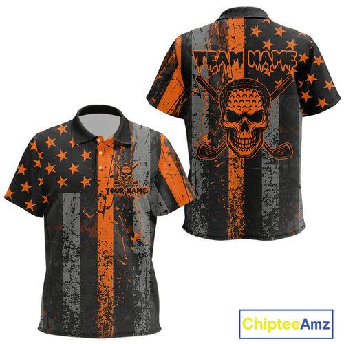 Custom Orange Grunge American Flag Patriotic Skull Halloween Golf Shirt For Kid, Retro Kid Golf top NQS10483