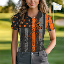 Load image into Gallery viewer, Custom Orange Grunge American Flag Patriotic Skull Halloween Golf Shirt For Women, Ladies Golf top NQS10483