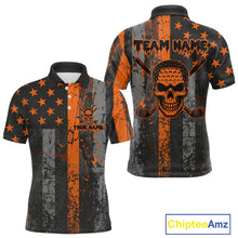 Load image into Gallery viewer, Custom Orange Grunge American Flag Patriotic Skull Halloween Golf Shirt For Men, Retro Mens Golf top NQS10483