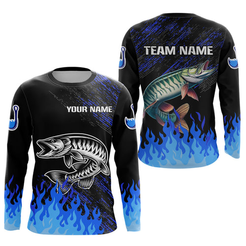 Blue fire Musky fishing Custom performance long sleeve flame Muskie fishing tournament shirts for team NQS9744