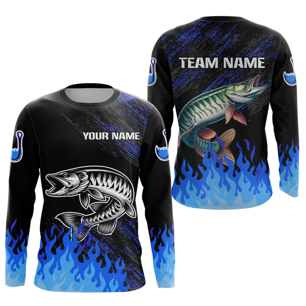 Blue fire Musky fishing Custom performance long sleeve flame Muskie fishing tournament shirts for team NQS9744