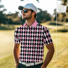 Load image into Gallery viewer, Black and Pink ribbons argyle pattern Mens golf polo shirt Custom Breast Cancer Awareness golf outfit NQS10513