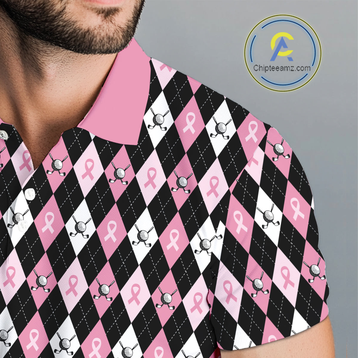 Black and Pink ribbons argyle pattern Mens golf polo shirt Custom Breast Cancer Awareness golf outfit NQS10513