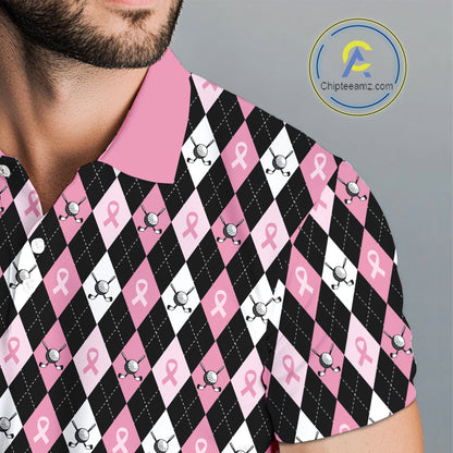 Black and Pink ribbons argyle pattern Mens golf polo shirt Custom Breast Cancer Awareness golf outfit NQS10513