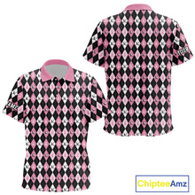 Load image into Gallery viewer, Black and Pink ribbons argyle pattern Kid golf polo shirt Custom Breast Cancer Awareness golf outfit NQS10513