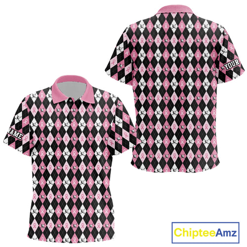 Black and Pink ribbons argyle pattern Kid golf polo shirt Custom Breast Cancer Awareness golf outfit NQS10513