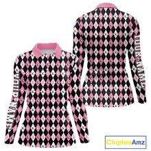 Load image into Gallery viewer, Black &amp; Pink ribbons argyle pattern Women golf polo shirt Custom Breast Cancer Awareness golf outfit NQS10513