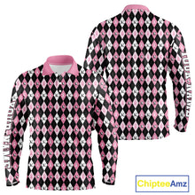 Load image into Gallery viewer, Black and Pink ribbons argyle pattern Mens golf polo shirt Custom Breast Cancer Awareness golf outfit NQS10513