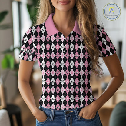 Black & Pink ribbons argyle pattern Women golf polo shirt Custom Breast Cancer Awareness golf outfit NQS10513