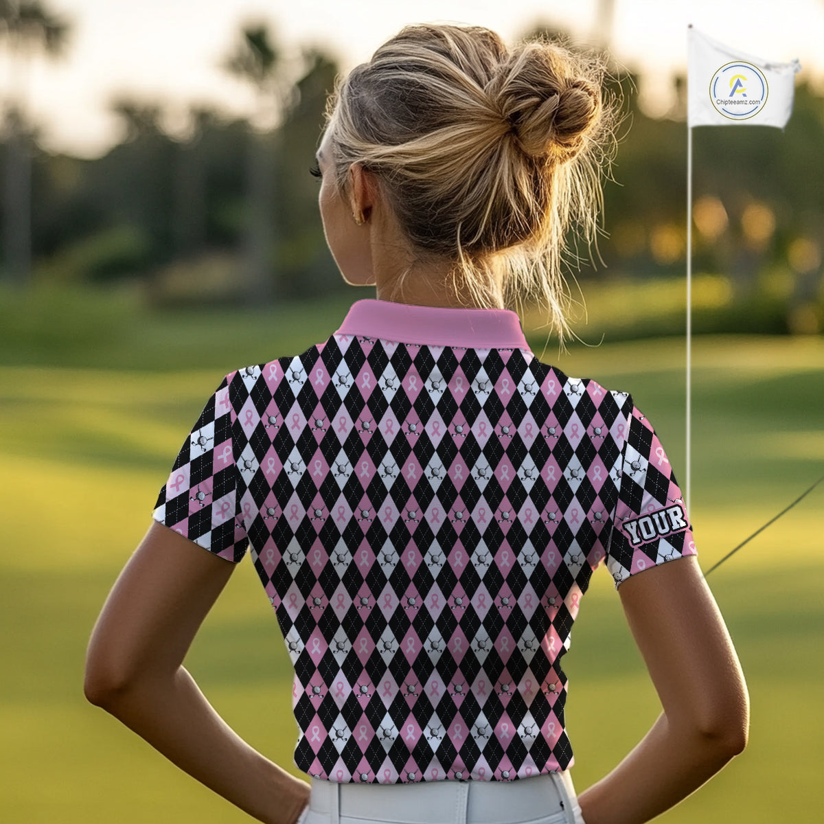 Black & Pink ribbons argyle pattern Women golf polo shirt Custom Breast Cancer Awareness golf outfit NQS10513
