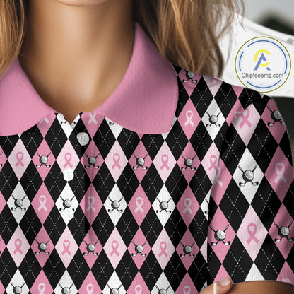 Black & Pink ribbons argyle pattern Women golf polo shirt Custom Breast Cancer Awareness golf outfit NQS10513