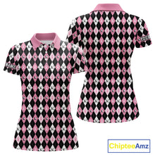 Load image into Gallery viewer, Black &amp; Pink ribbons argyle pattern Women golf polo shirt Custom Breast Cancer Awareness golf outfit NQS10513