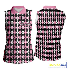 Load image into Gallery viewer, Black &amp; Pink ribbons argyle pattern Sleeveless polo shirt Custom Breast Cancer Awareness golf outfit NQS10513
