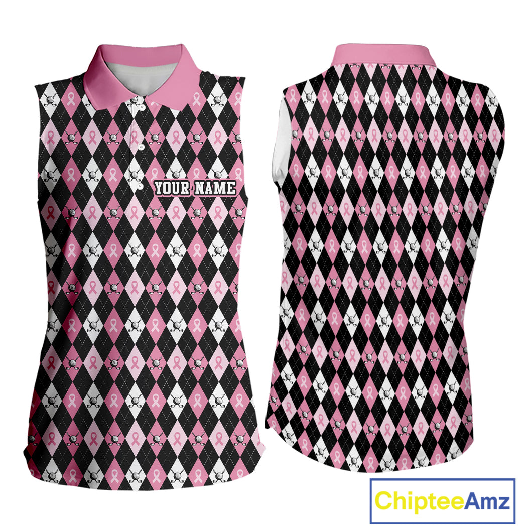Black & Pink ribbons argyle pattern Sleeveless polo shirt Custom Breast Cancer Awareness golf outfit NQS10513