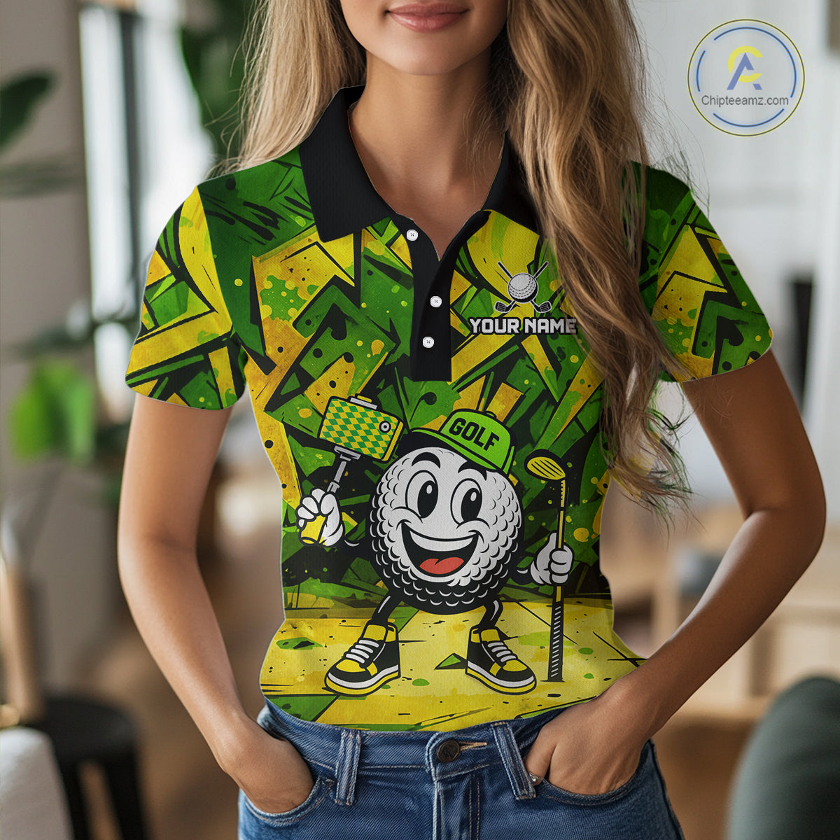Green and Yellow camo funny golf ball Women golf polo shirts custom team golf outfits for ladies NQS10176