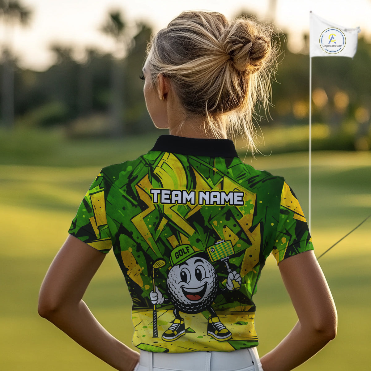 Green and Yellow camo funny golf ball Women golf polo shirts custom team golf outfits for ladies NQS10176