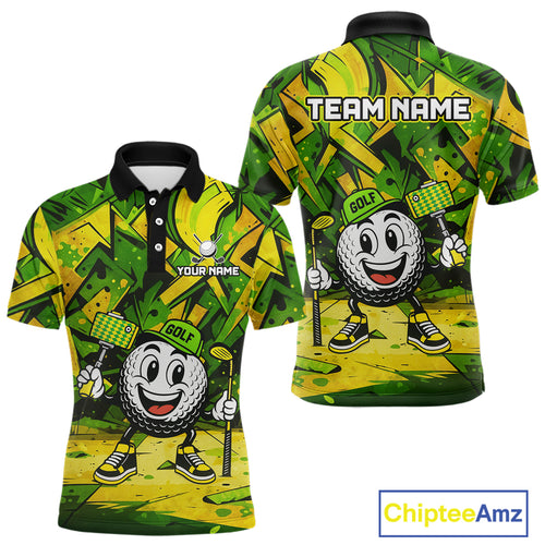 Green and Yellow camo funny golf ball Mens golf polo shirts custom team golf outfits for men NQS10176