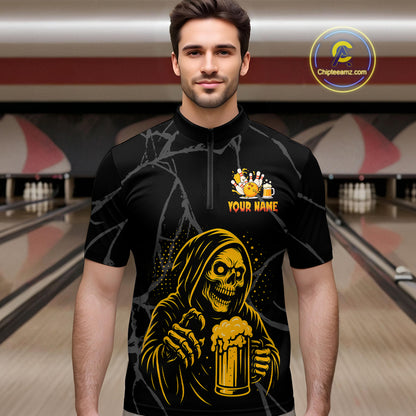 Bowling And Beer Custom Skull Bowling Shirts For Men, Halloween Bowling Outfits NQS10518