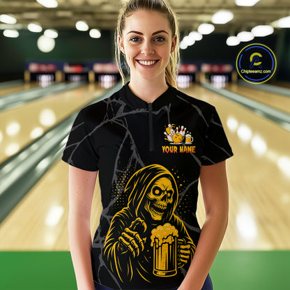 Bowling And Beer Custom Skull Bowling Shirts For Women, Halloween Bowling Outfits NQS10518